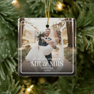 Mr & Mrs First Chirstmas Boarder Custom Photo Ceramic Ornament