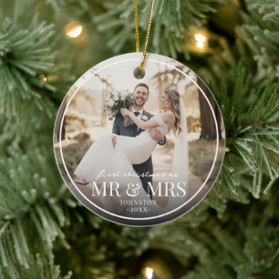 Mr & Mrs First Chirstmas Boarder Custom Photo Ceramic Ornament