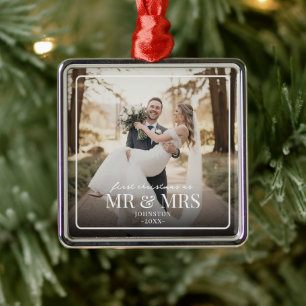 Mr & Mrs First Chirstmas Boarder Custom Photo  Metal Ornament