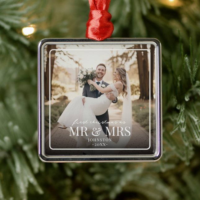 Mr & Mrs First Chirstmas Boarder Custom Photo  Metal Ornament (Tree)