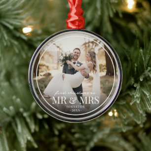 Mr & Mrs First Chirstmas Boarder Custom Photo  Metal Ornament