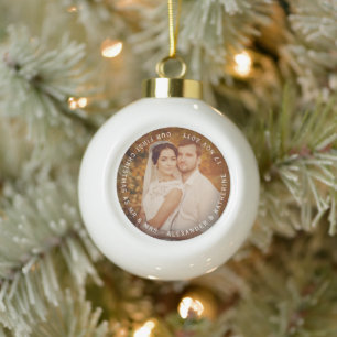 Mr & Mrs First Christmas Circle Text Wedding Photo Ceramic Ball Christmas Ornament