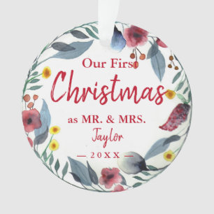Mr. & Mrs. First Christmas Floral Wreath Ornament
