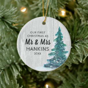 Mr & Mrs First Christmas Married Rustic Pine Tree Ceramic Ornament