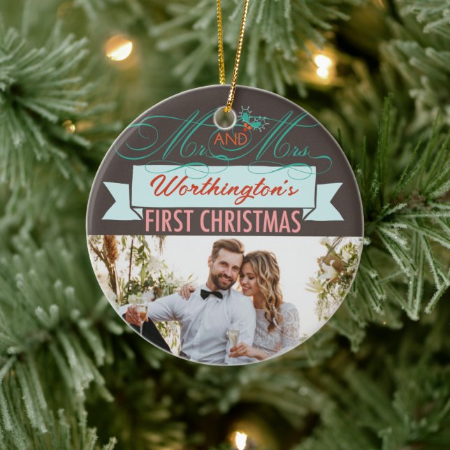 Mr & Mrs First Christmas Mistletoes Photo Wedding Ceramic Tree Decoration (Tree)