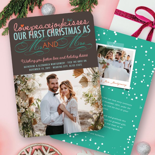 Mr & Mrs First Christmas Mistletoes Photo Wedding Holiday Card (Colorful Love Peace Joy Kisses Our First Christmas As Mr & Mrs Holiday Wedding Photo Card @ fatfatin)