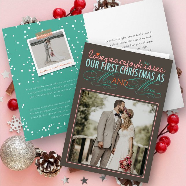 Mr & Mrs First Christmas Mistletoes Photo Wedding Holiday Card (Love Peace Joy Kisses Our First Christmas As Mr & Mrs  Photo Wedding Holiday Card @ fat_fa_tin)