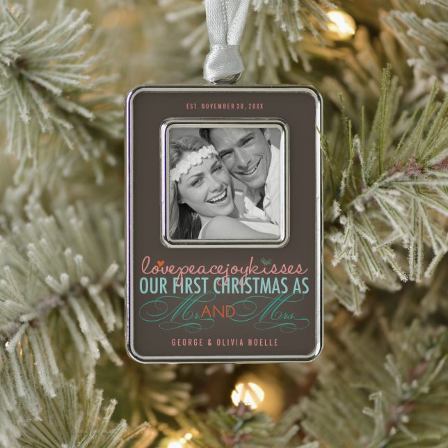Mr & Mrs First Christmas Mistletoes Photo Wedding Silver Plated Framed Ornament (Tree)