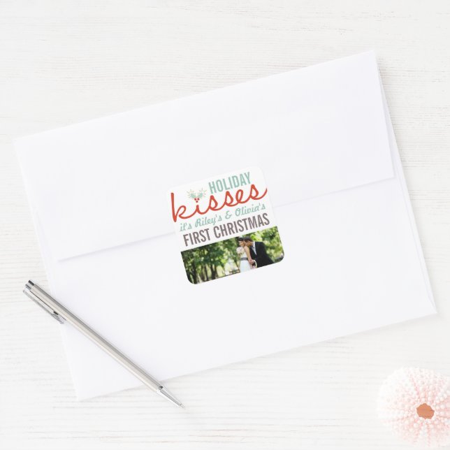 Mr & Mrs First Christmas Mistletoes Photo Wedding Square Sticker (Envelope)