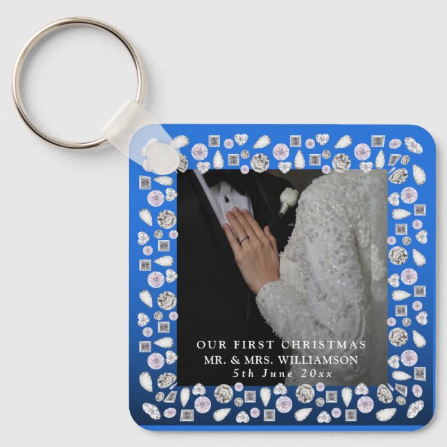 Mr & Mrs First Christmas Photo Wedding  Key Ring (Front)