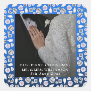 Mr & Mrs First Christmas Photo Wedding  Square Sticker