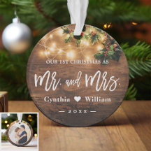Mr Mrs First Christmas Rustic String Lights Photo