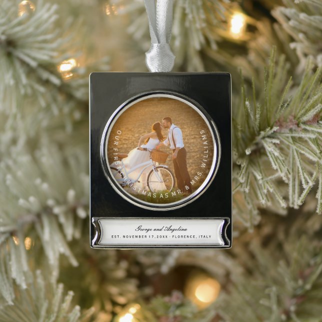 Mr & Mrs First Christmas Simple Text Circle Photo Silver Plated Banner Ornament (Tree)