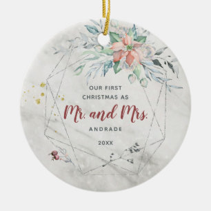 Mr Mrs First Married Christmas 1st Newlywed Photo Ceramic Ornament