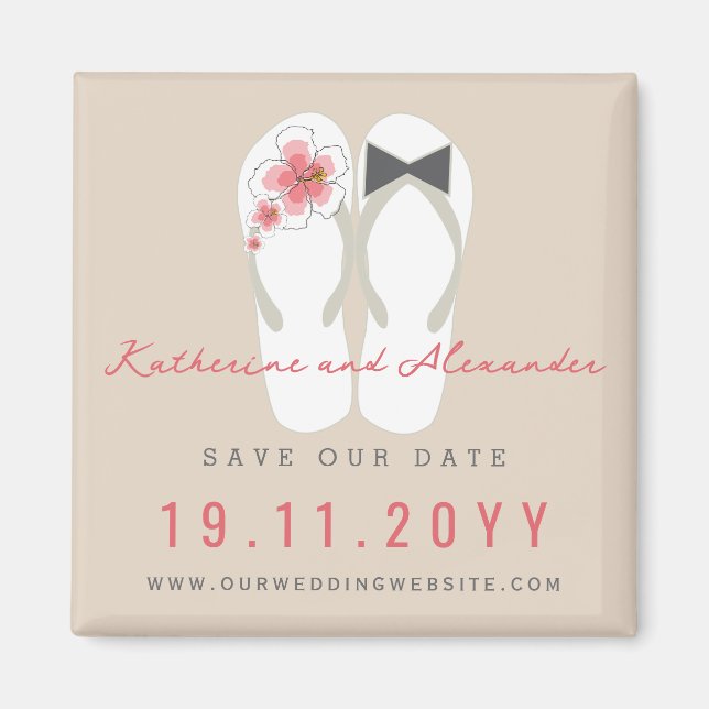Mr & Mrs Flip Flops Hibiscus Wedding Save The Date Magnet (Front)