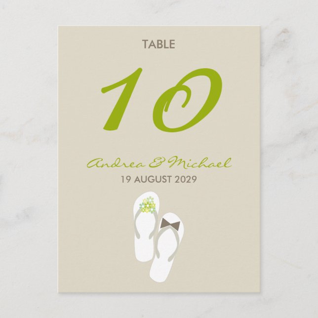 Mr & Mrs Flip Flops Wedding Table Number Card (Front)