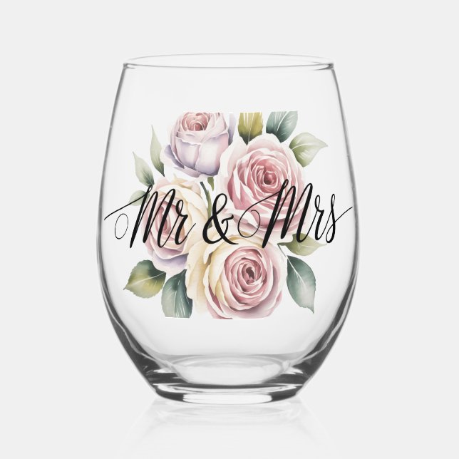 Mr & Mrs Floral Script  Stemless Wine Glass (Front)