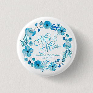 Mr. & Mrs. Floral Watercolor Wedding Pin Button
