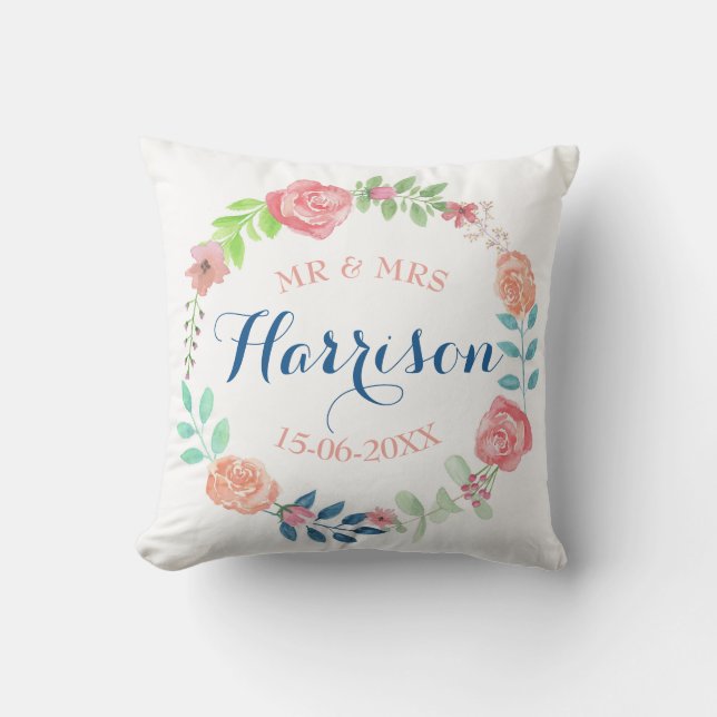 Mr & Mrs Floral Wedding Cushion Watercolour Gift (Front)