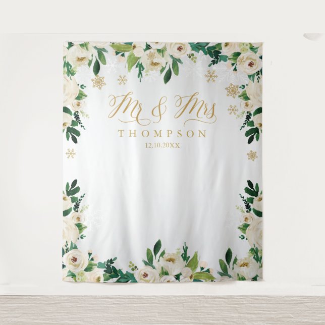 Mr & Mrs floral winter wedding banner backdrop Tapestry (Front)