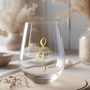 Mr. & Mrs. Gold Calligraphy Ampersand Wedding Stemless Wine Glass