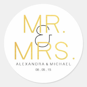 Mr.&Mrs. Gold Elegant Typography Wedding Classic Round Sticker