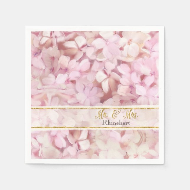 Mr. & Mrs. Gold Faux Glitter Pink Hydrangea Floral Napkin (Front)