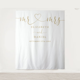 Mr Mrs Gold Heart Script Wedding Photo Backdrop Tapestry