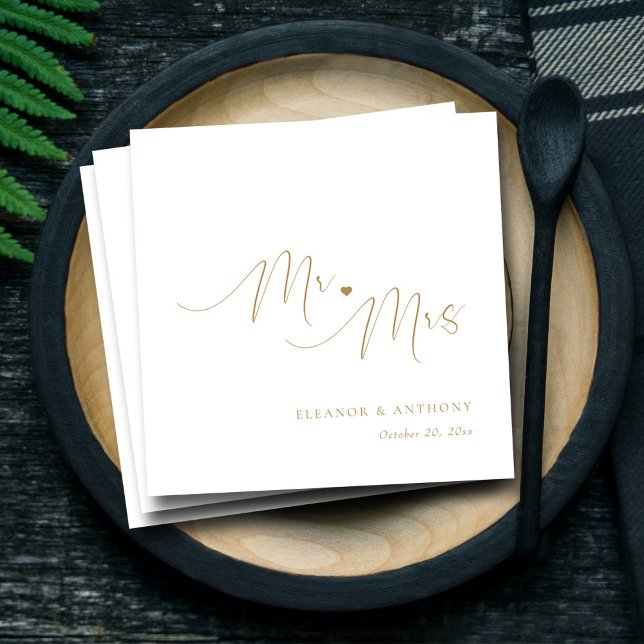 Mr & Mrs Gold Script Wedding Napkins | Elegant (Elegant Gold Script Mr and Mrs Love Heart Wedding Napkins)