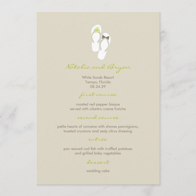 Mr & Mrs Green Flip Flops Beach Wedding Menu Card (Front)