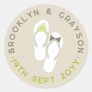Mr & Mrs Green Flowers Flip Flops Beach Wedding Classic Round Sticker