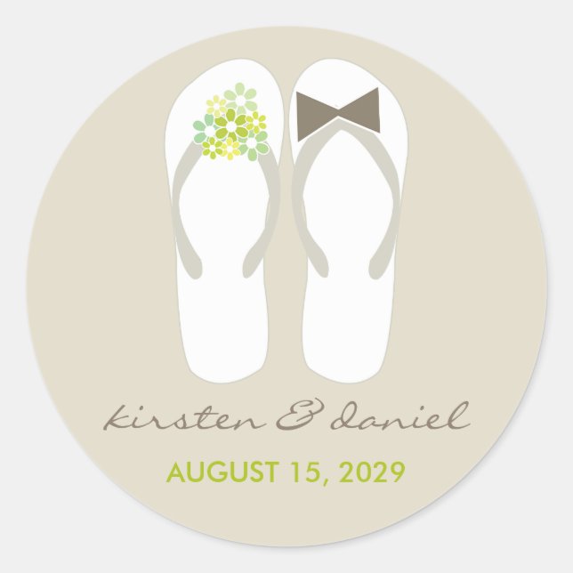 Mr & Mrs Green Flowers Flip Flops Beach Wedding Classic Round Sticker (Front)