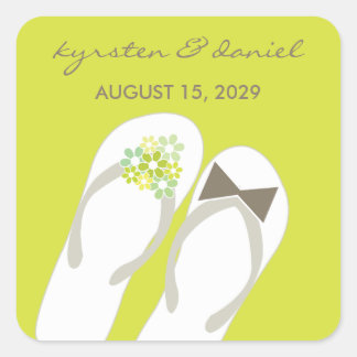 Mr & Mrs Green Flowers Flip Flops Beach Wedding Square Sticker