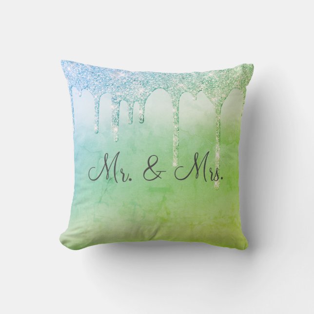 Mr. & Mrs Green Glitter Keepsake Elegant Cushion (Front)
