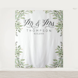 Mr & Mrs Greenery wedding banner Tapestry
