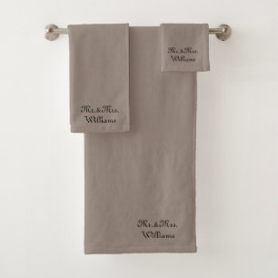 Mr. & Mrs. greige Custom script Couple's name Bath Towel Set