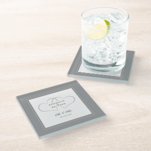 Mr & Mrs Grey & White Elegant Wedding Chic Hearts Glass Coaster
