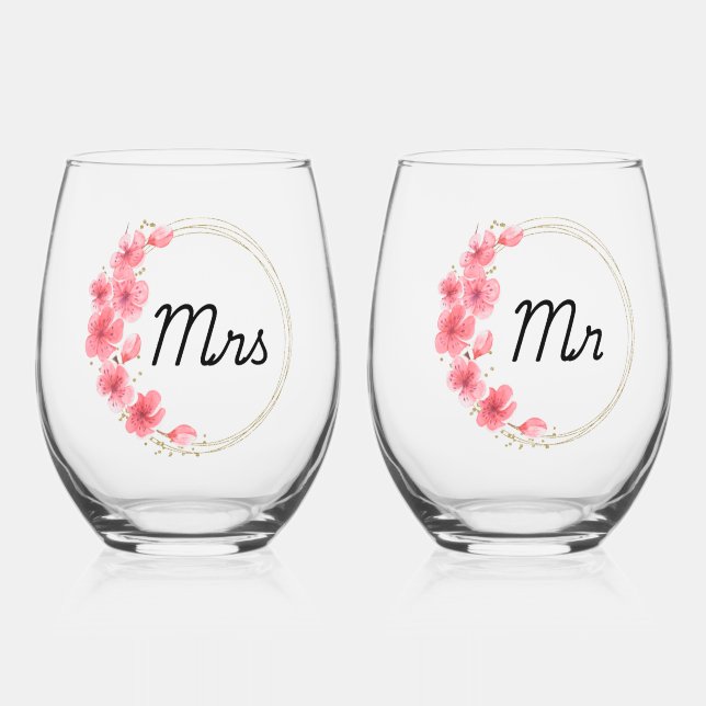 Mr & Mrs Hand Painted Print Stemless Wine Glass (Front)
