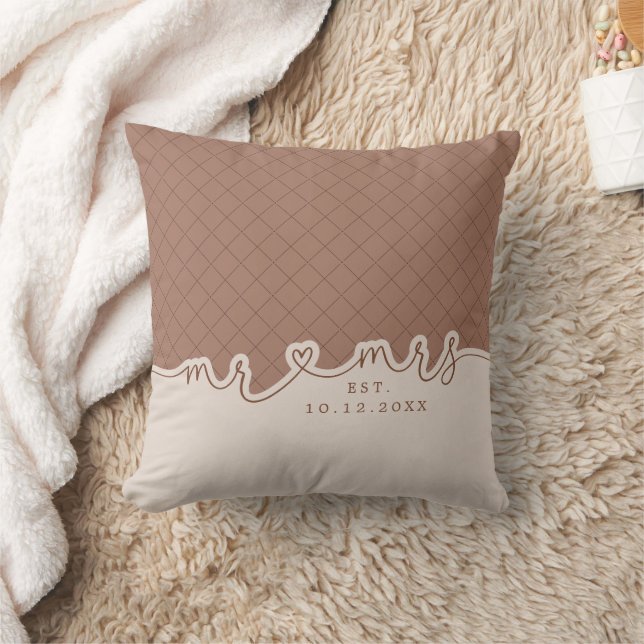 Mr Mrs Heart Script Mocha Beige Wedding Pillow (Blanket)
