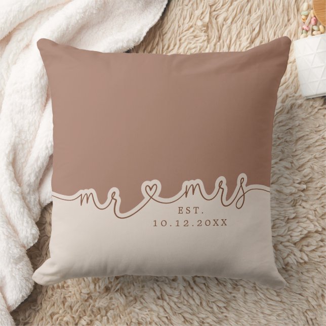 Mr Mrs Heart Script Mocha Beige Wedding Pillow (Blanket)