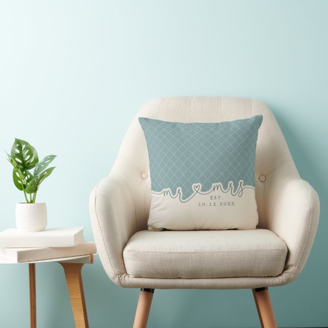Mr Mrs Heart Script Seafoam Green Wedding Pillow (Chair)