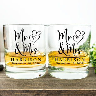 Mr Mrs Hearts Bride Groom Wedding Whiskey Glass