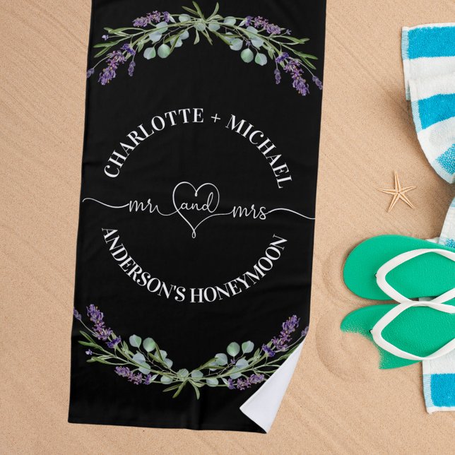 Mr mrs honeymoon black white newlyweds lavender beach towel (Creator Uploaded)