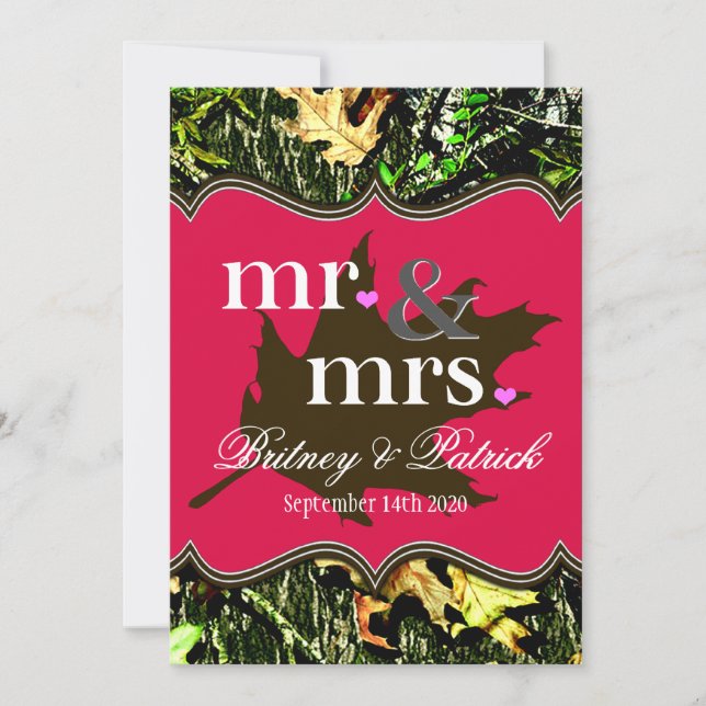 Mr & Mrs Hunting Camo Hot Pink Wedding Invitations (Front)