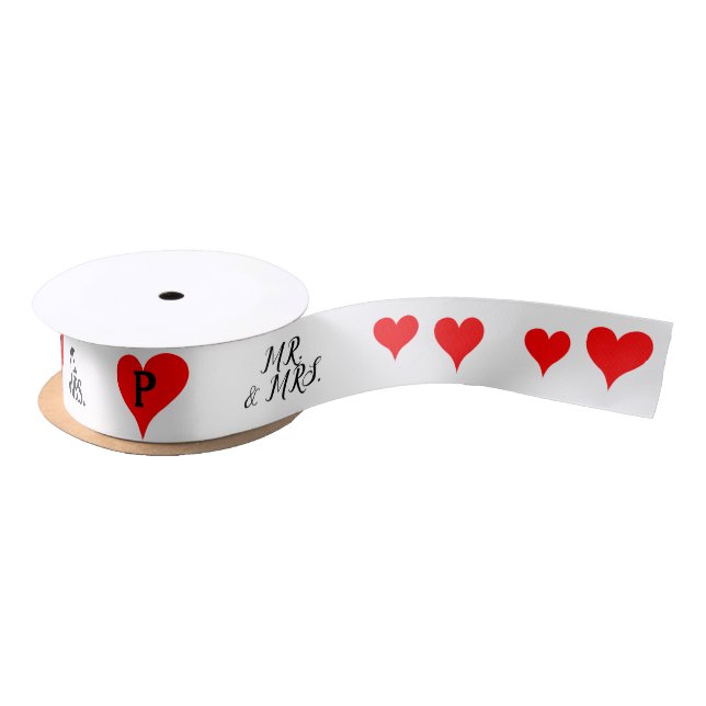 Mr. Mrs. Initials Red Hearts 1.5 NCH Satin Ribbon (Spool)