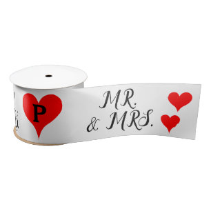 Mr. Mrs. Initials Red Hearts Satin Ribbon