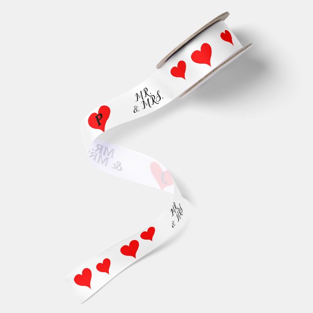Mr. Mrs. Initials Red Hearts Satin Ribbon (Front+Back)