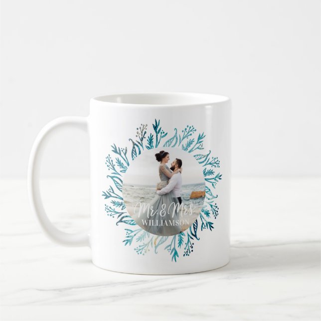 Mr & Mrs Joy | Blue Holiday Greenery Wreath Photo Coffee Mug (Left)