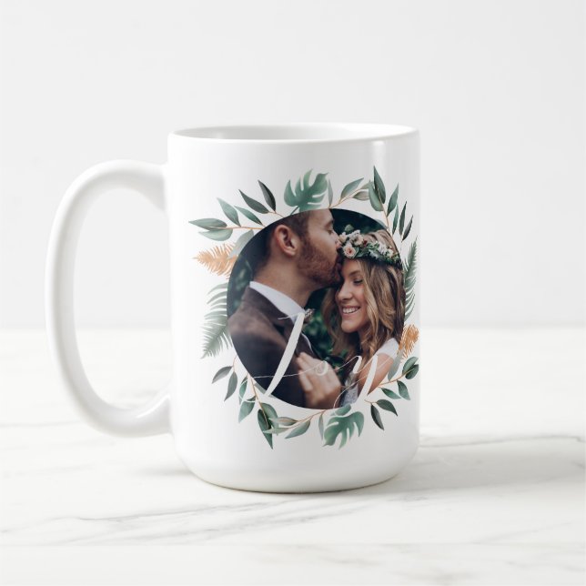 Mr & Mrs Joy | Sage Holiday Greenery Wreath Photo Coffee Mug (Left)