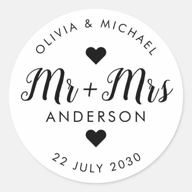 Mr Mrs Last Name Script Wedding Party Favour Classic Round Sticker (Front)